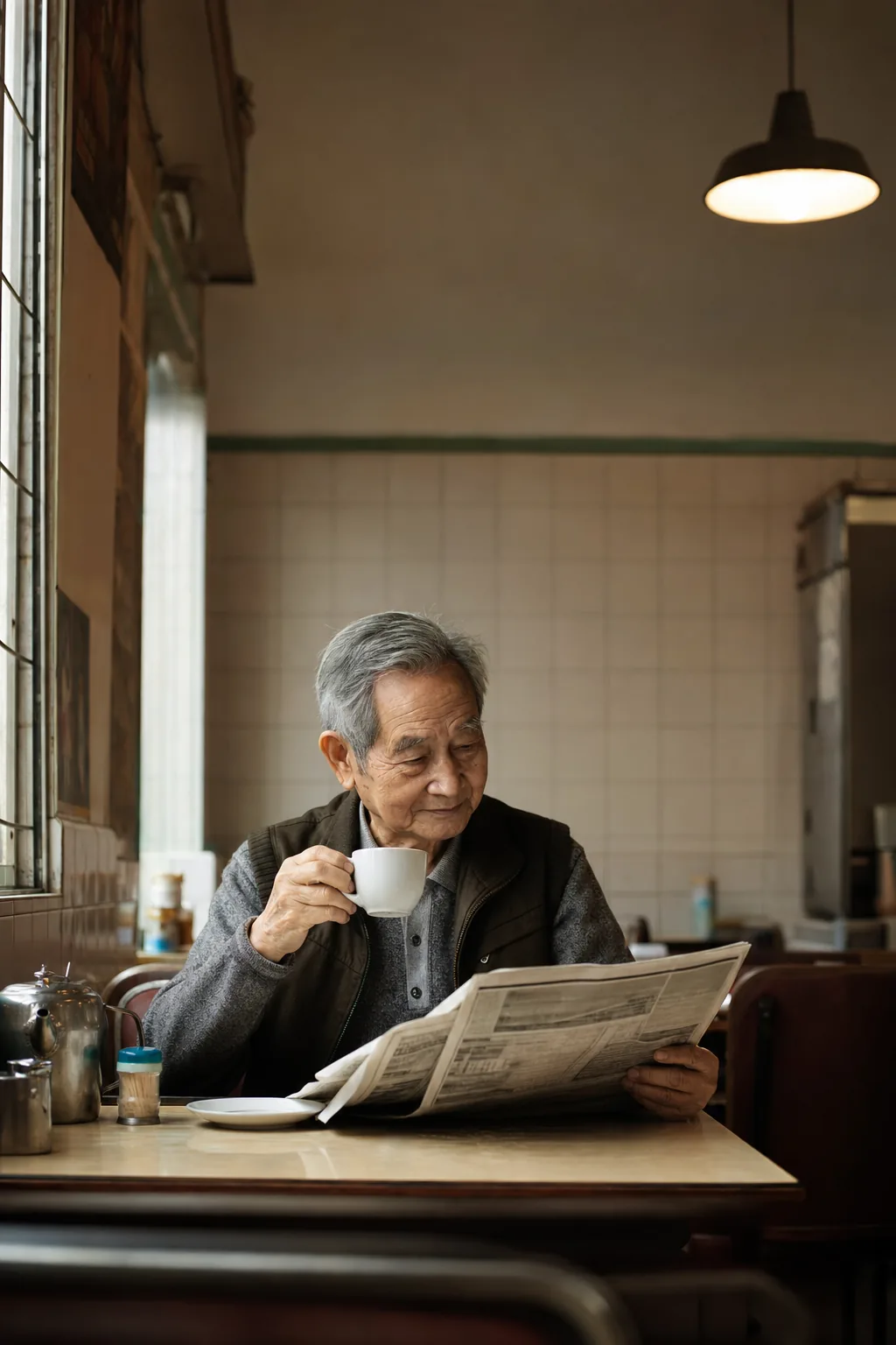 長者在香港茶餐廳嘆茶睇報紙