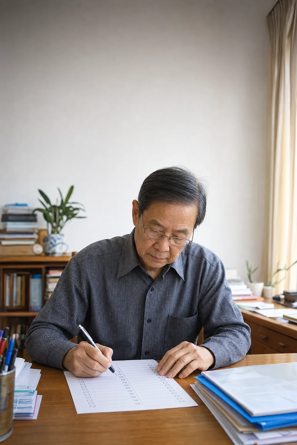 An elderly person organising application documents and a checklist
