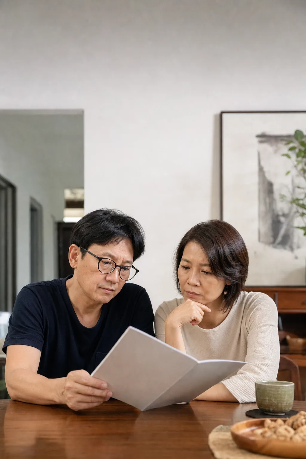 夫婦在家仔細研究保險計劃