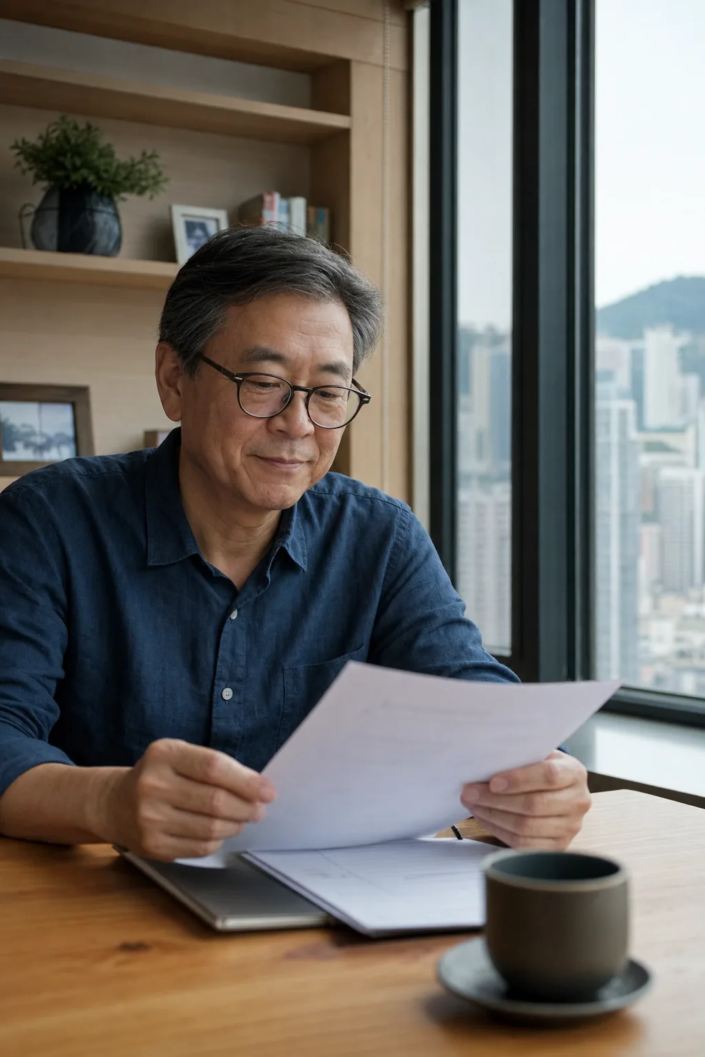 退休公務員在家整理退休金文件