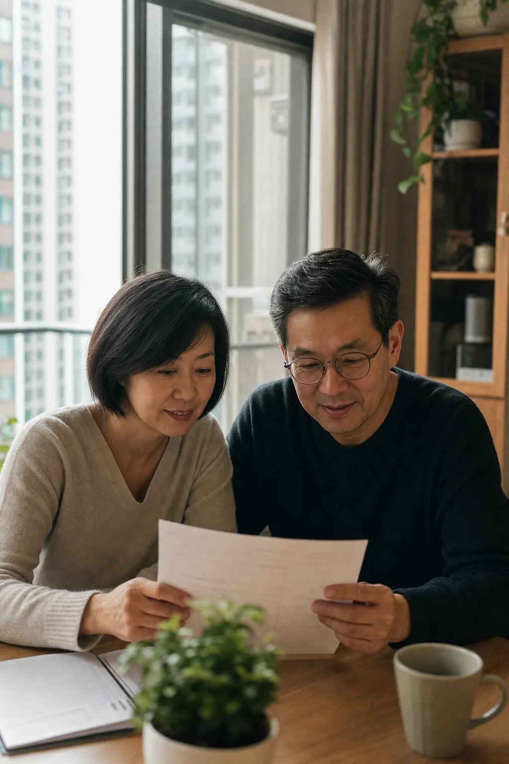 A middle-aged couple reviewing a critical illness insurance document at home