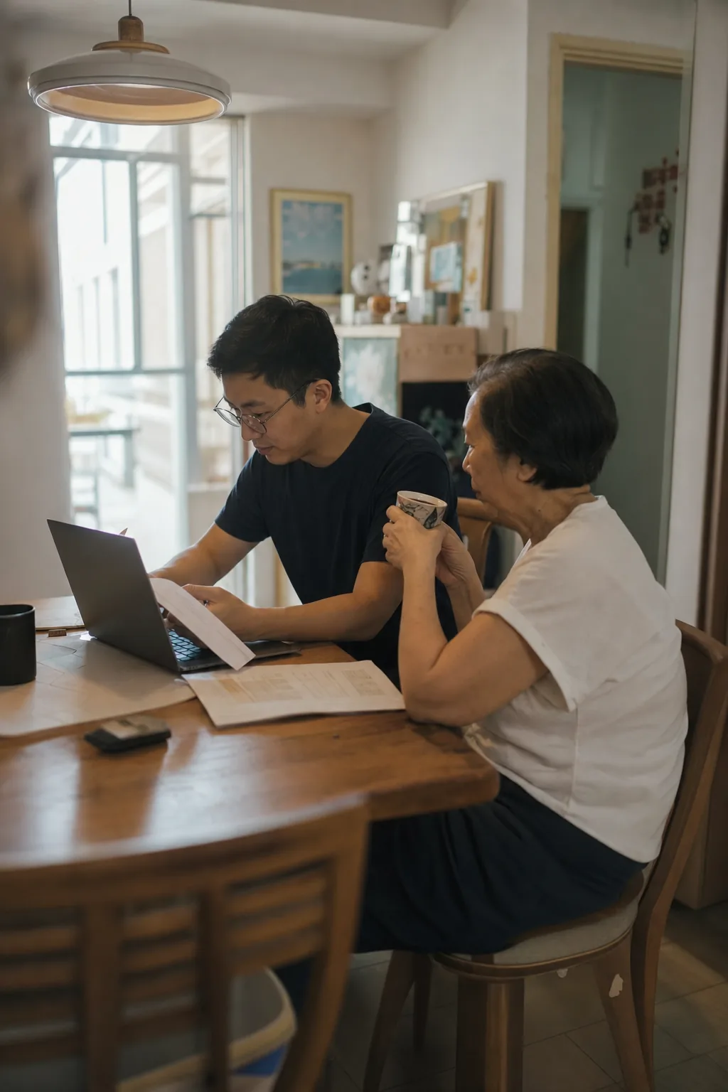 Doing tax paperwork at home while caring for an elderly parent