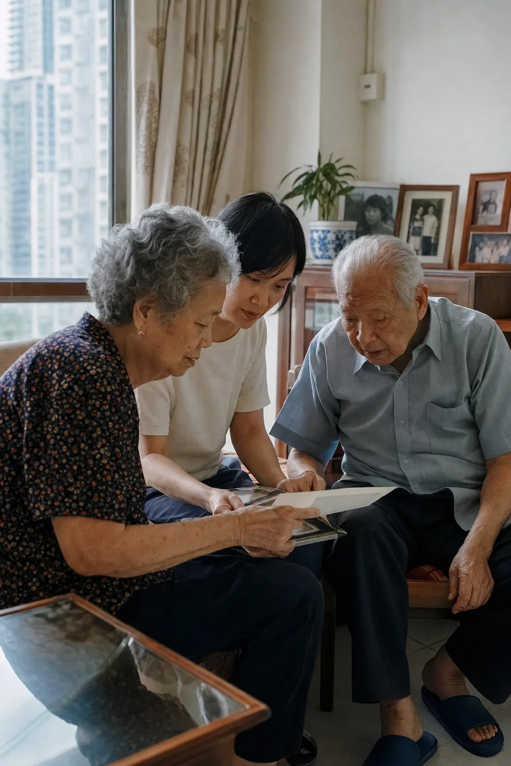 三代同堂家庭在家中一起整理文件