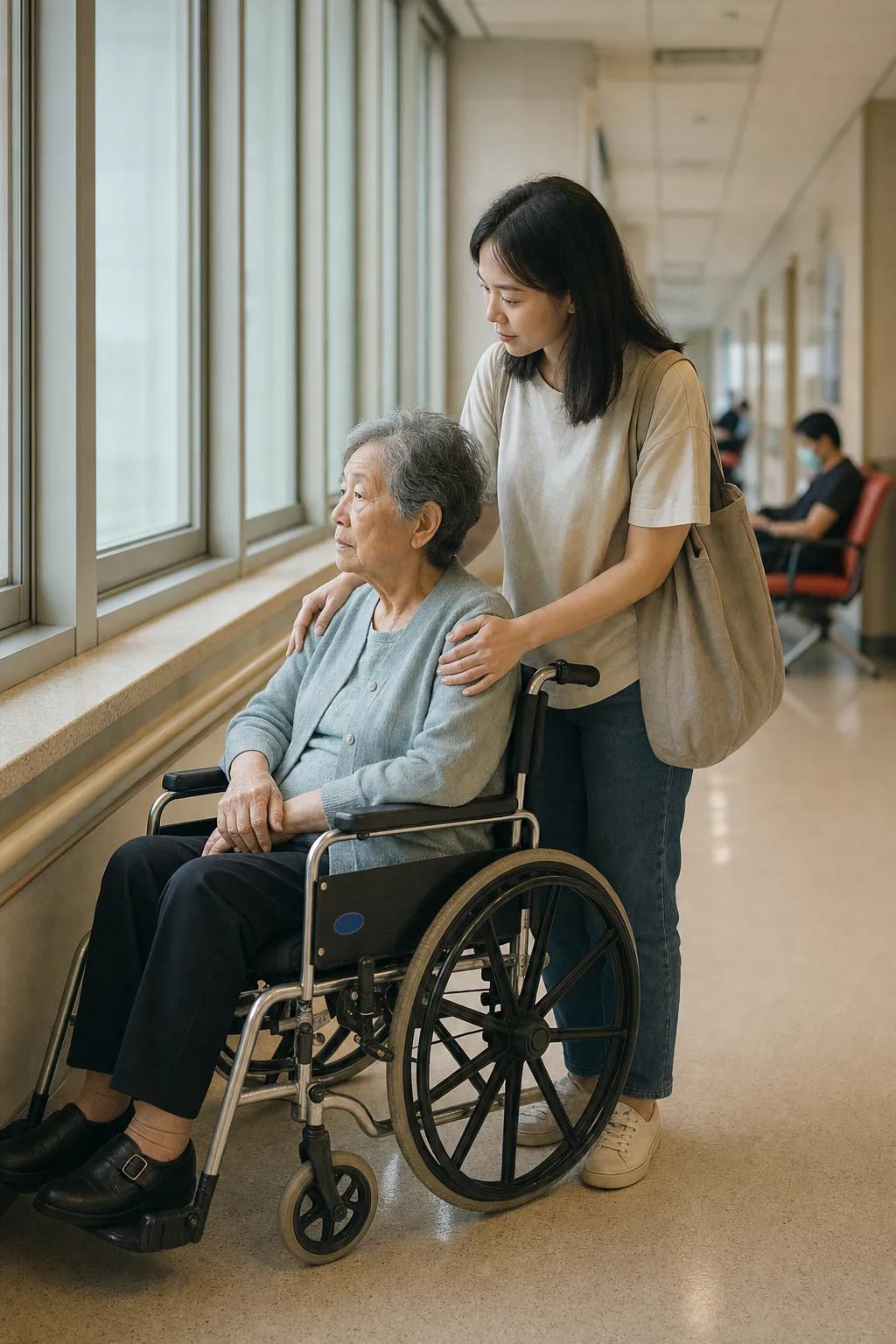 An adult child accompanying an elderly parent at a public hospital
