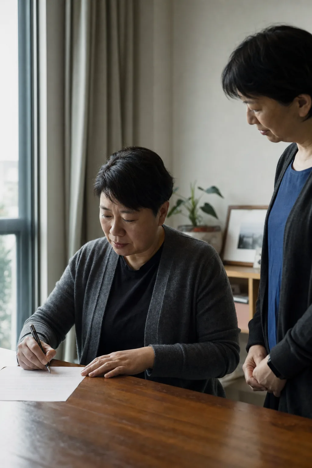 中年人在見證人陪同下於書桌簽署遺囑