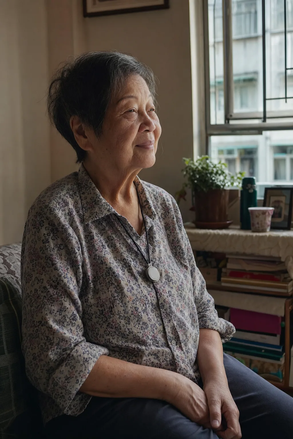 獨居長者在家中佩戴平安鐘,安心自在