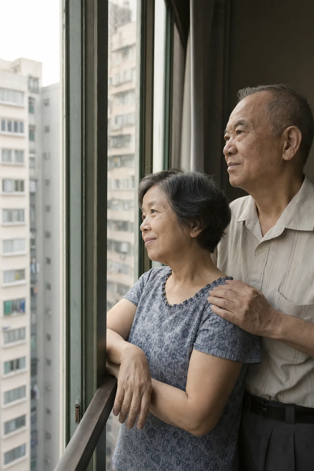 年長夫婦在自住單位窗前眺望香港樓景